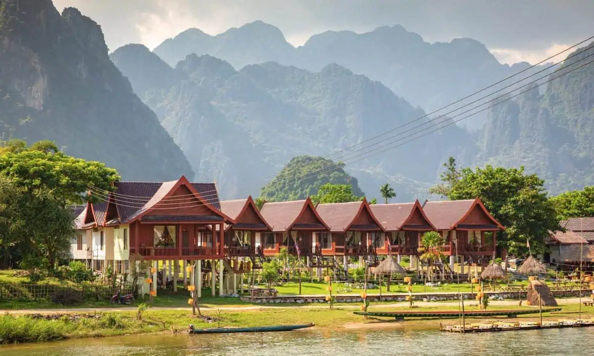 Village and mountain in Vang Vieng, Laos