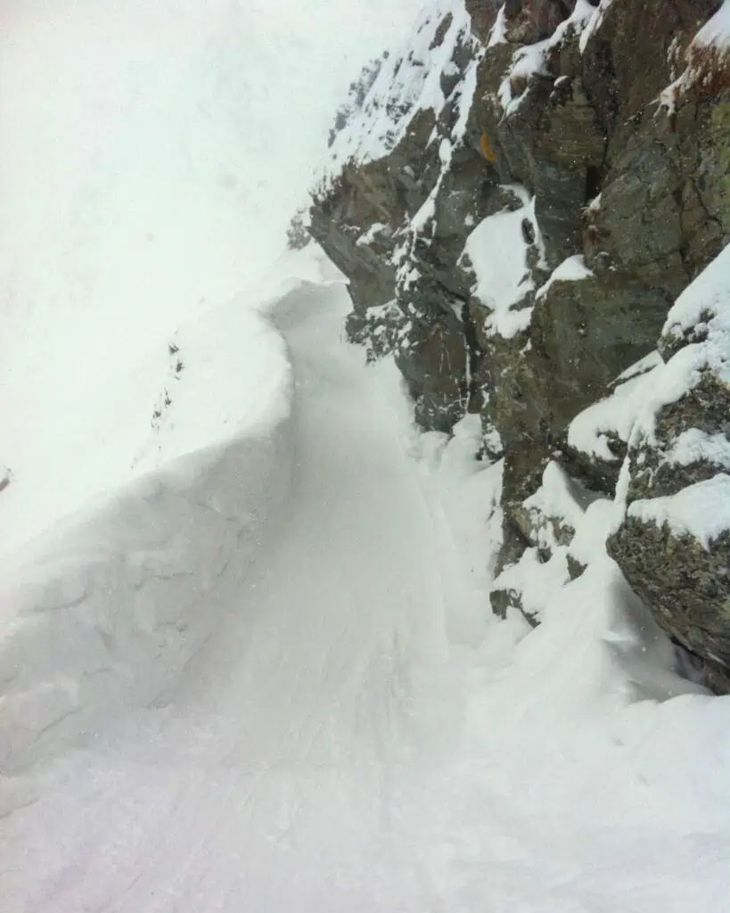 Skiing on the Col des Mines trail starts off on an old mining route