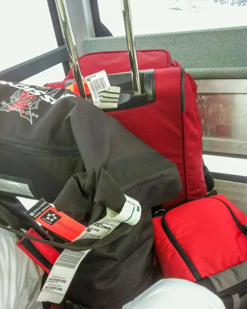 I piled all my ski gear into the gondola to head to the base village at Verbier