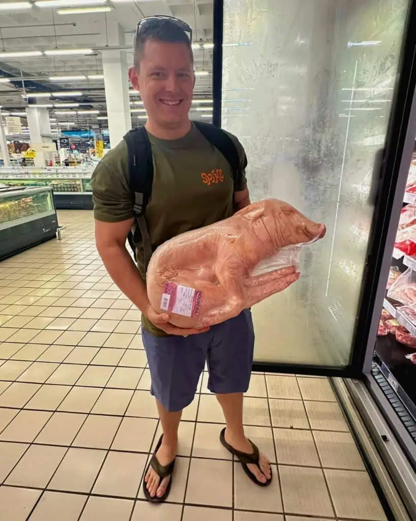 frozen suckling pig at auchan grocery store