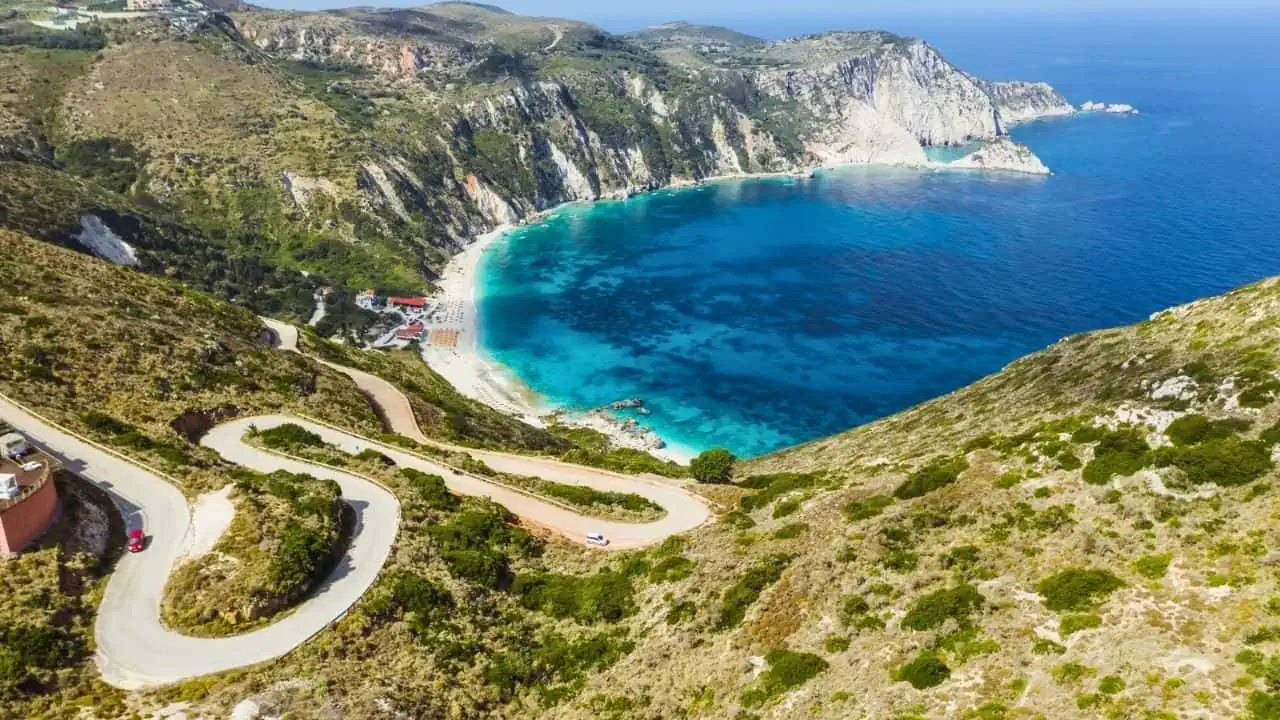 Serpentine road to Petani Beach in Kefalonia